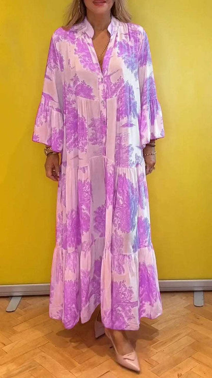 Women's summer dress with V-neck and forest pattern Maxi dress