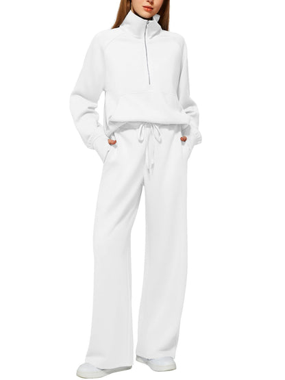CLEARANCE SALE🔥 Women's Solid Color Cotton Half Zip Two-Piece Set