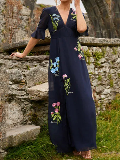 NEW🔥 V Neck Floral Embroidered Ruffle Dress- Tax Free