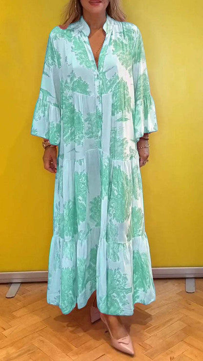 Women's summer dress with V-neck and forest pattern Maxi dress