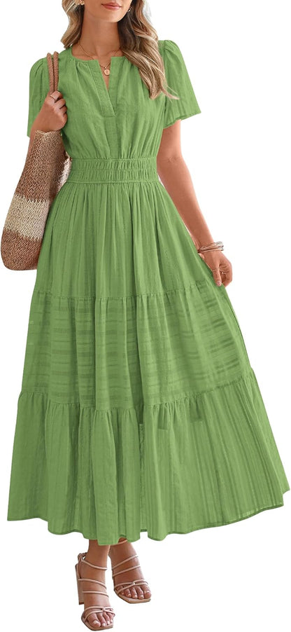 HOT SALE Womens Summer Lightweight Short Sleeve V Casual Midi Maxi Dresses