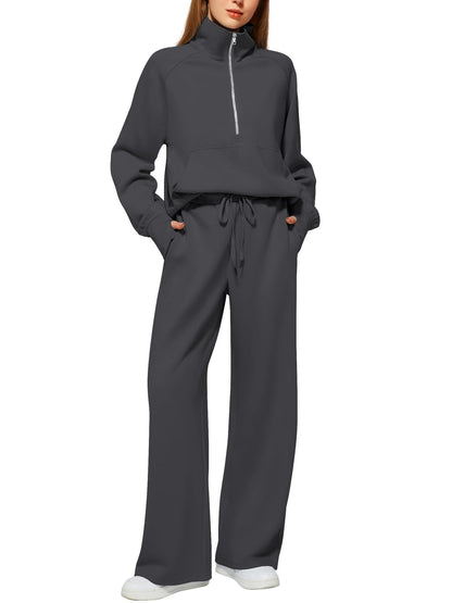 CLEARANCE SALE🔥 Women's Solid Color Cotton Half Zip Two-Piece Set
